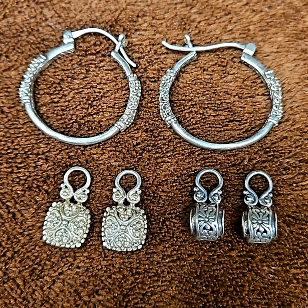 Collection of Bali Sterling silver hoops with dangles